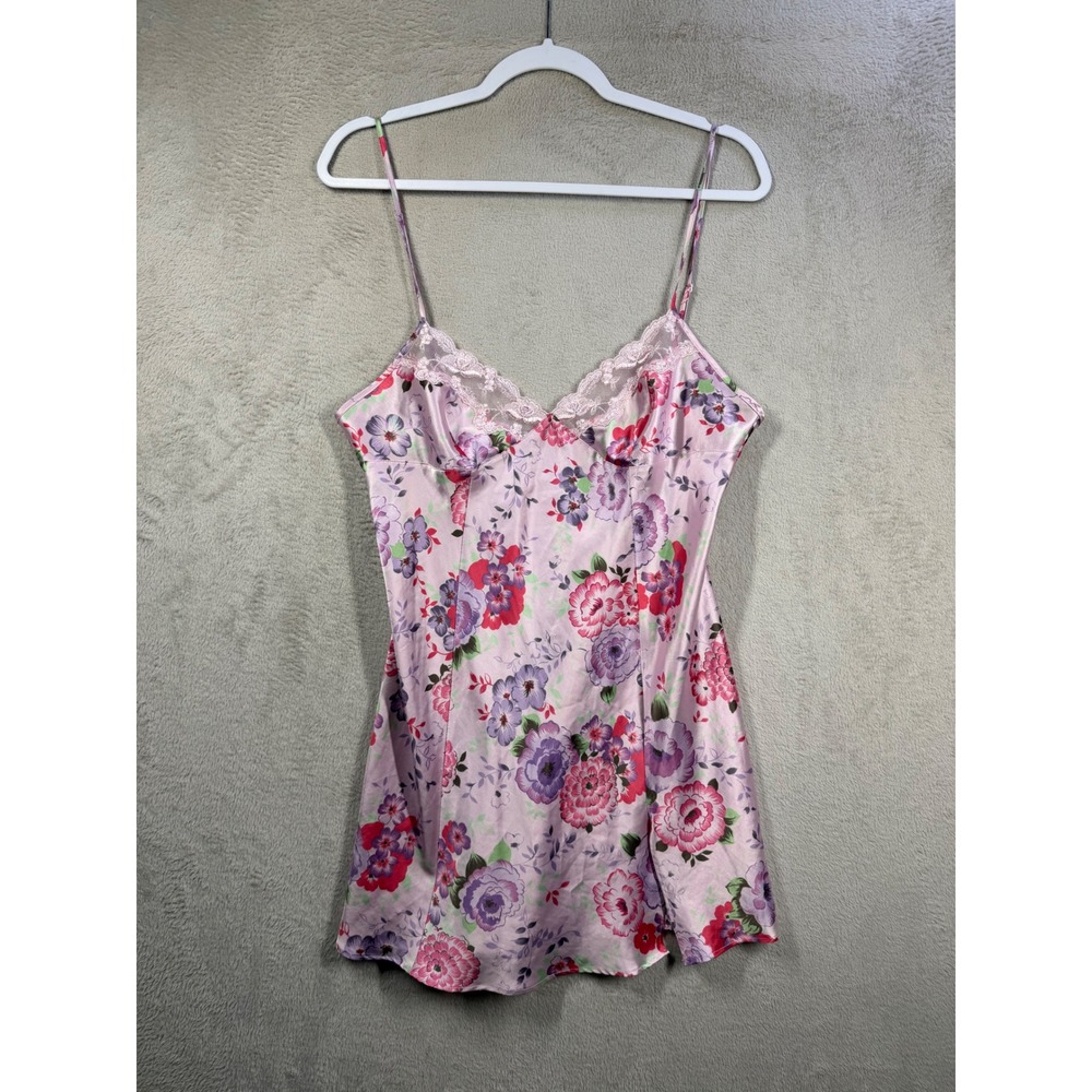 Victoria's Secret Slip Dress Womens M Pink Floral Satin Lace Trim Chemise Nighty